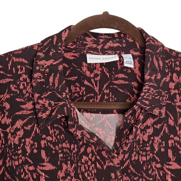 Susan Graver Womens Printed Button-Down Blouse XL Black/Rust Long Sleeve - Picture 5 of 9